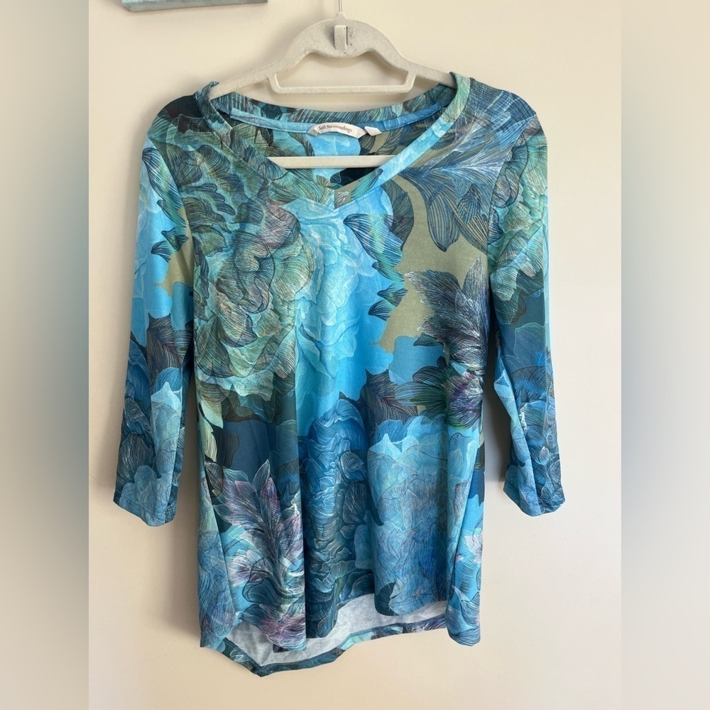 Soft Surroundings 3/4 Sleeve Blue Green Floral Top Size XS